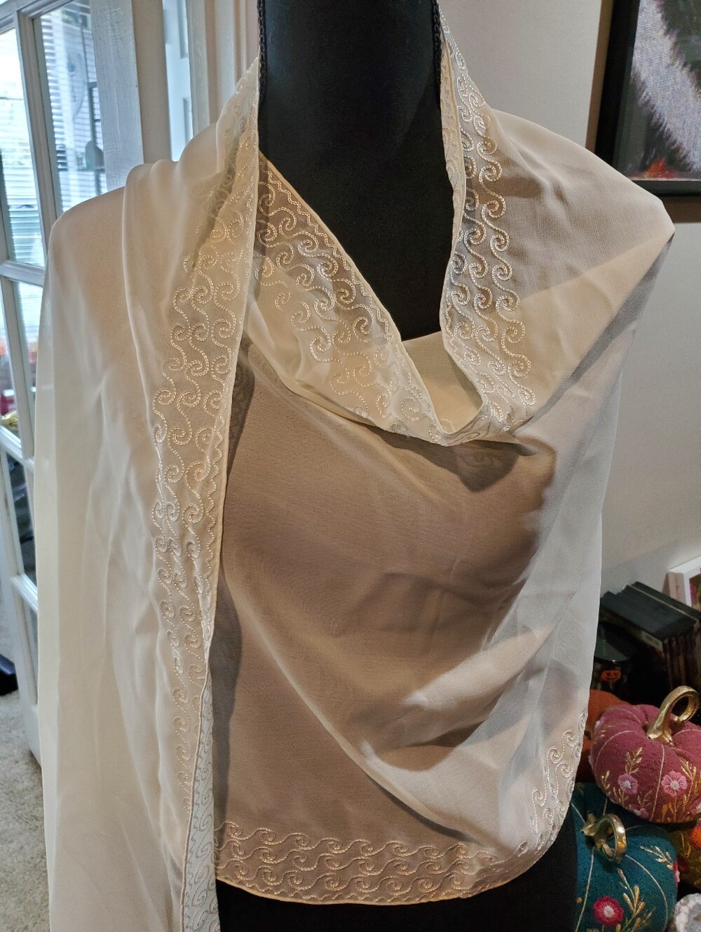 Elegant White Embroidered Sheer Scarf - Women Accessories